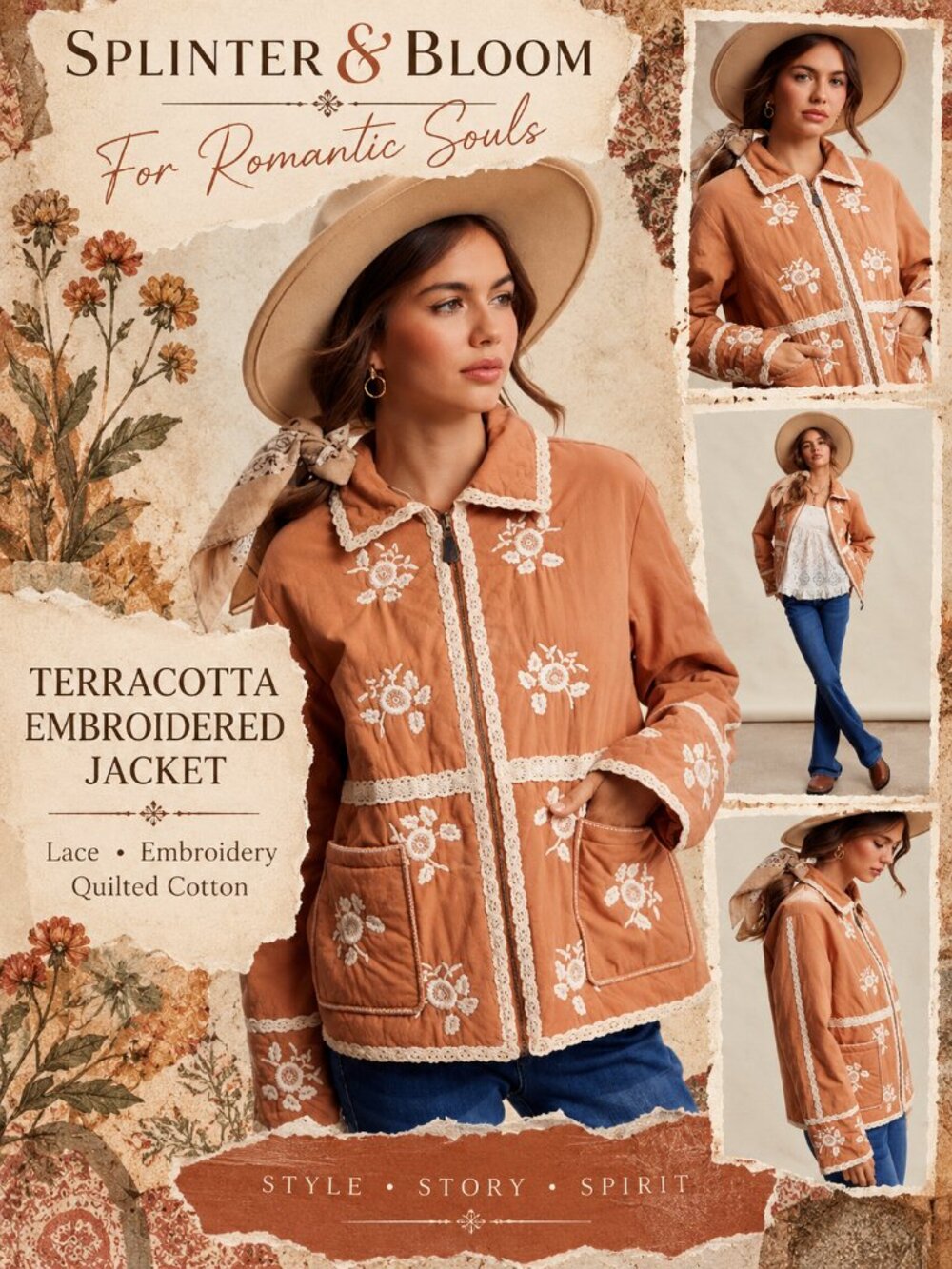 NWT Listicle Terracotta Embroidered Lace Trim Quilted Jacket